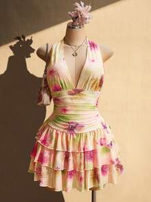 SHEIN ICON Đầm dự tiệc/hẹn hò cổ chữ V sâu, buộc dây, họa tiết hoa, xếp ly, dành cho nữ cỡ lớn. - Màu vàng - Xem 4
