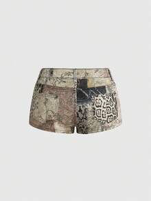 ROMWE Hippie Vintage Animal & Retro Print Sexy Mini Denim Shorts, Low Waist Summer Outfits - Multicolor - View 2