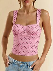 SHEIN BAE Áo hai dây chấm bi đen thanh lịch dành cho nữ, thích hợp cho buổi hẹn hò, tiệc sinh nhật, hộp đêm, tiệc lễ hội, tiệc bạn gái, hẹn hò, mặc hàng ngày, đi làm, áo corset, áo corset dễ thương, áo gợi cảm đi club, áo corset, áo trễ vai, áo mùa hè, áo dễ thương, quần áo mùa hè cho nữ, áo corset. - Hồng - Xem 6