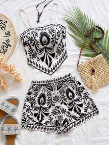 Soleia 女士度假植物印花不对称下摆抹胸上衣和短裤两件套 - 彩色 - 查看 1