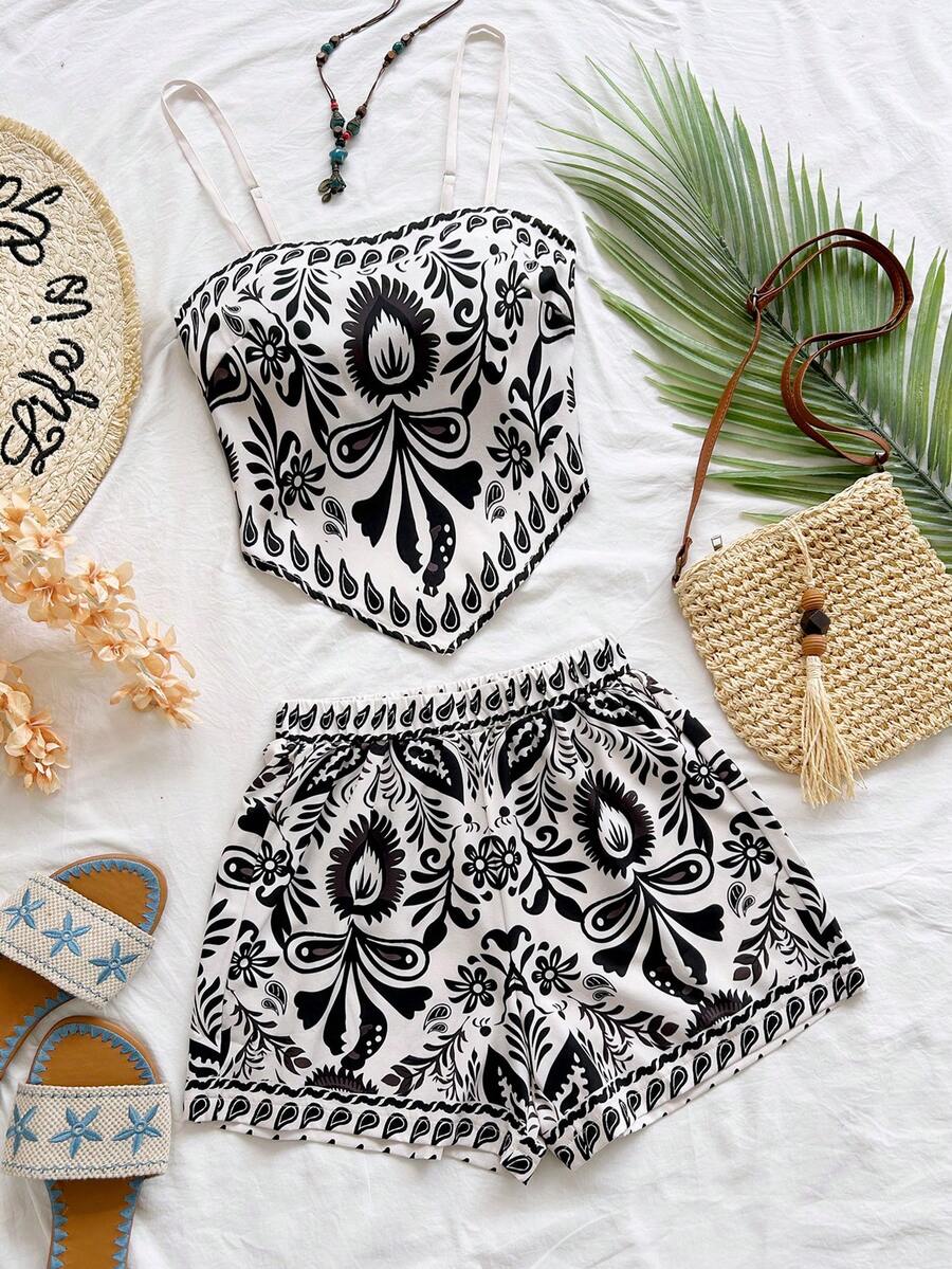 Soleia 女士度假植物印花不对称下摆抹胸上衣和短裤两件套 - 彩色 - 查看 1