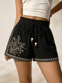 Easelle 黑色编织女士休闲波西米亚风撞色刺绣舒适短裤，串珠吊带，毕业季女士短裤，休闲夏季女装，女士度假装，女士短裤，夏季沙滩短裤，高腰 - 黑色 - 查看 6