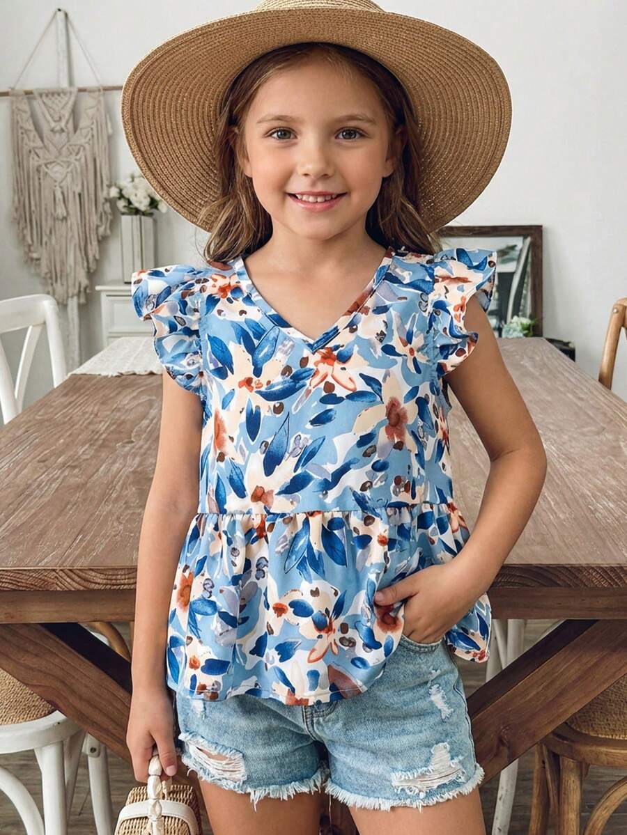 Camiseta de manga acampanada con cuello en V y pliegues con estampado total para uso diario casual de niña - Azul - Ver 1