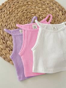 3pcs Baby Girl Summer Casual Vacation & Daily Wear Solid Color Ribbed Knit Halter Top - Multicolor - View 4