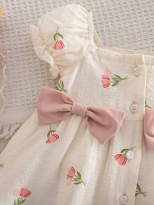 一件式新生儿夏季可爱度假碎花泡泡短袖方领连衣裙，适合1个月大的女宝宝，黄色连衣裙，新生儿黄色套装，雏菊连衣裙，婴儿黄色新生儿服装 - 粉色 - 查看 4