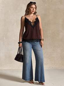 Elegantrix Plus Size Summer Casual Elegant Contrast Lace Camisole - Chocolate Brown - View 5