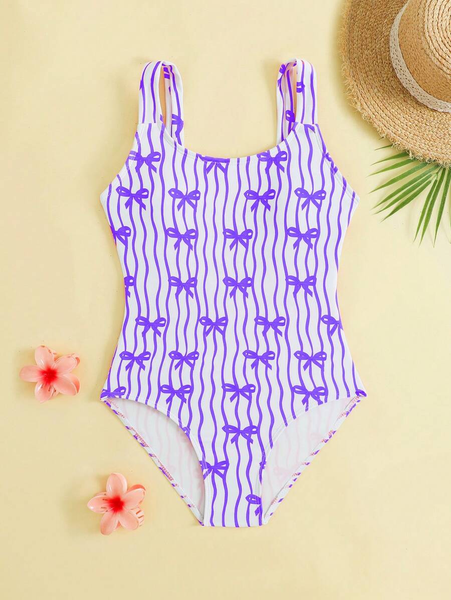 SHEIN Tween Girl One-Piece Swimsuit, Modest Vacation Style, Purple Striped Bow Knit Fabric, Sleeveless Wide Strap Romper, Fashionable Casual Elegant Lady, Suitable For Swimming, Summer Vacation, Beach, Pool, Holiday Party One Piece Swimsuit For Kid Swimming Suits For Girls Bright Color Swimsuit Striped Swimsuit Purple Bow Print Swimwear - Mauve Purple - View 1