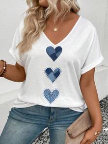 EMERY ROSE Plus Size Women Heart Print V-Neck Short Sleeve Casual T-Shirt - White - View 6
