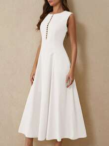 Aveloria Modichic Elegantes, anmutiges, schickes, luxuriöses Modekleid mit rundem Ausschnitt, exquisiter Perlenapplikation vorne, taillierter Taille und ärmellos - Weiss - Übersicht 3