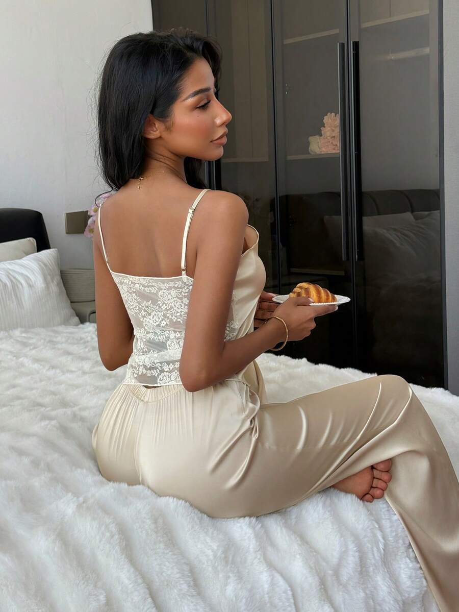 DAZY Women Lace Patchwork Camisole And Pants Pajama Set - Grey - View 1