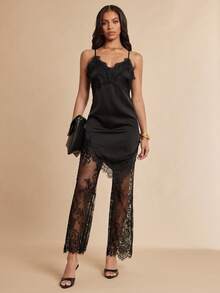 Silquee 女士弹力腰带透视性感蕾丝镂空裤 - 黑色 - 查看 1