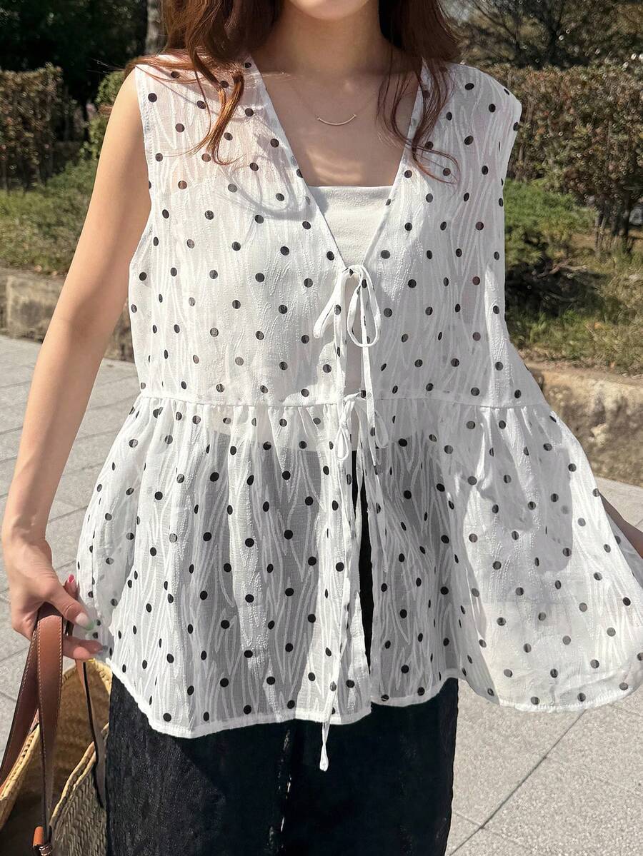 FRIFUL 女士V领纹理宽松无袖背心外套 - 白色 - 查看 1