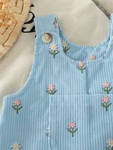 SHEIN Baby Mädchen 0-3 Jahre Cord-Latzhose Set mit Herz-Muster für Frühling/Herbst, Casual Stil mit Brusttasche, geeignet für Outdoor-Spiel und Lässig - Blau - Übersicht 5
