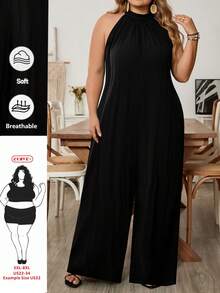SHEIN CURVE+ Mono de talla grande para playa, nuevo para primavera y verano, de ocio y vacaciones, para uso diario, con cuello halter, cuello redondo, sin mangas, ultra holgado, pantalón de pierna ancha y talla extra - Negro - Ver 1
