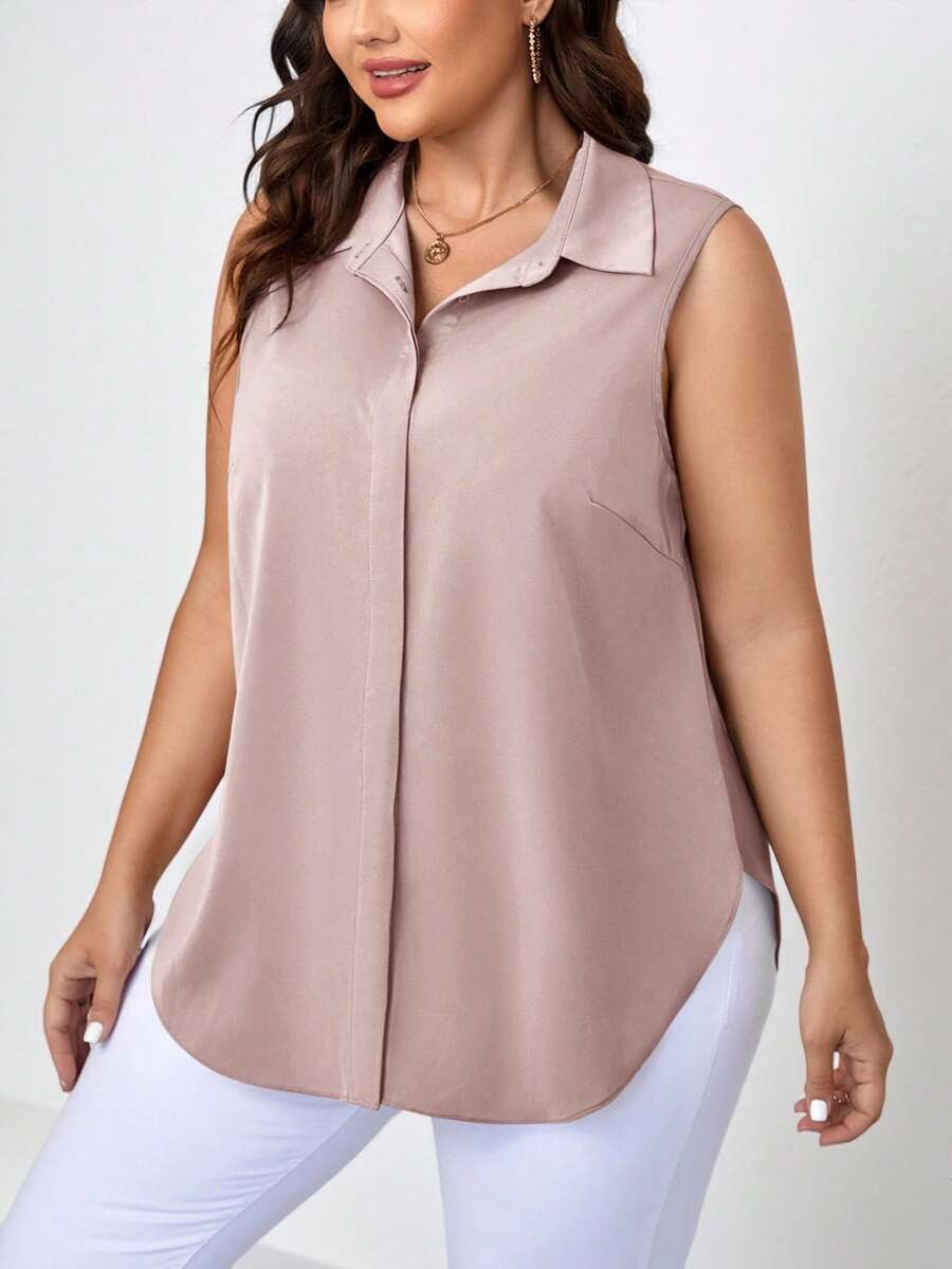SHEIN Clasi Camisa casual sin mangas de un solo pecho de unicolor para mujer de talla grande - Rosa - Ver 1