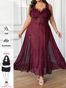 SHEIN CURVE+ 大码女式立体花卉纯色连衣裙，度假连衣裙，性感酒红色长裙 - 酒紅色 - 查看 1