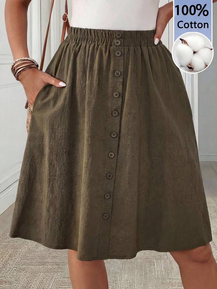 Linen Summer Women's Solid Color Simple Daily Button Decorated Skirt
