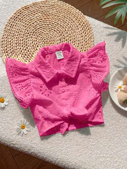 SHEIN Babygirl Cute Summer Vacation White Floral Embroidery Collar Cap Sleeve Blouse