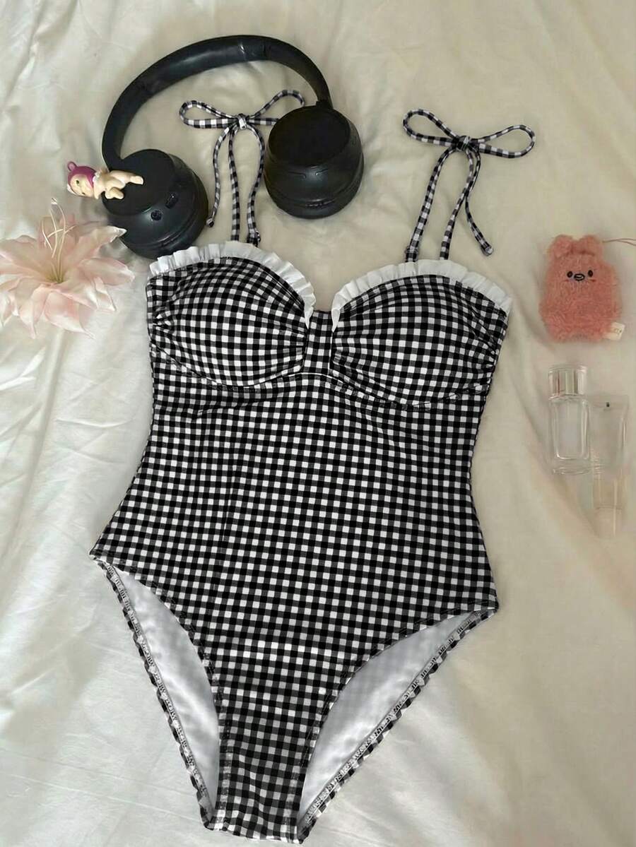 SHEIN MOD 女士荷叶边格子印花扭结肩带连体泳衣 - 黑與白 - 查看 1