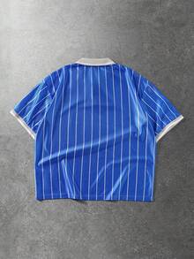 ROMWE MEN Men's Casual Letter & Striped Print Short Sleeve Polo Shirt - Blue - View 2