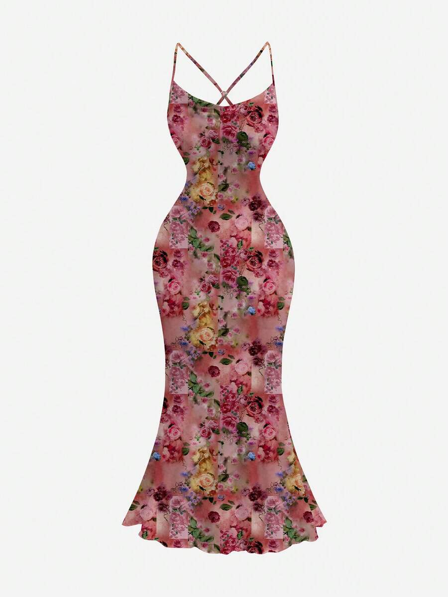 SHEIN MOD Draped Neck Ditsy Floral Maxi Dress For Women, Fitted Spaghetti Strap Mermaid Hem, Suitable For Vacation In Summer - Multicolor - View 1