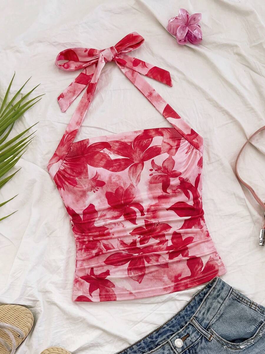 SHEIN 少女度假针织粉色芙蓉花印花露背腰部褶皱修身时尚吊带背心，适合春夏季节和派对穿着 - 粉色 - 查看 1