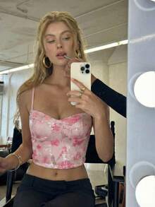 SHEIN MOD Áo hai dây nữ màu hồng họa tiết hoa đính sequin - Hồng - Xem 2