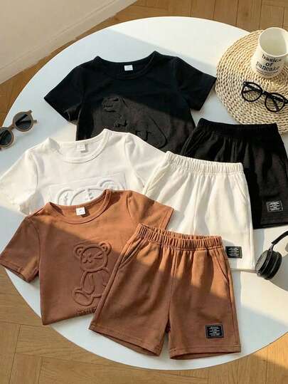 SHEIN 3件套 男童休闲韩版3D立体压纹可爱小熊恐龙T恤