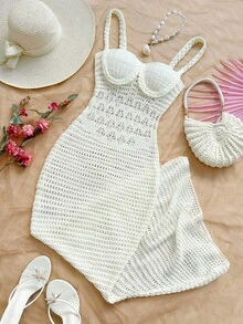 Soleia Women's Solid Color Hollow Out Knit Slip Dress, Suitable For Beach Vacation - White - View 1