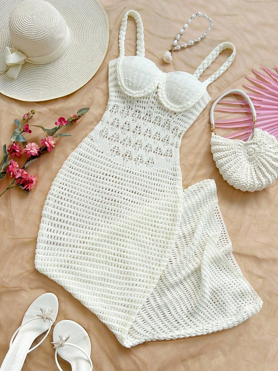 Soleia Women's Solid Color Hollow Out Knit Slip Dress, Suitable For Beach Vacation - White - View 1