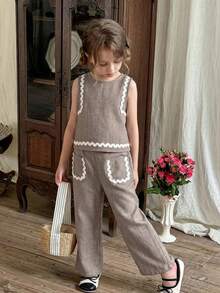 LMoss Kids 2pcs Young Girl Woven Solid Color Round Neck Camisole And Loose Casual Pants Set - Khaki - View 4