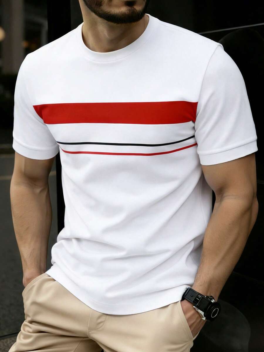 Manfinity Homme Men's Casual Patchwork Color Round Neck Short Sleeve T-Shirt, Versatile For Daily Wear - Multicolor - View 1