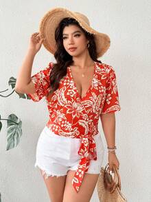 Elenzga Plus Size Women's Printed V-Neck Tie Front Short Sleeve Shirt, Casual Beach Holiday Tropical Party Summer Celebration - Multicolor - View 3