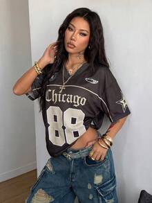 Coolane 女士春夏Y2K街头复古透气网眼印花数字图案足球T恤 - 彩色 - 查看 5