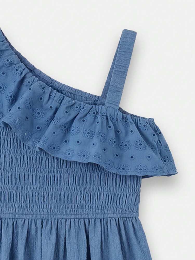 Tween Girls One Shoulder Ruched Waist Midi Dress With Eyelet Ruffle Detail Summer Casual A-Line Sleeveless Blue Dress