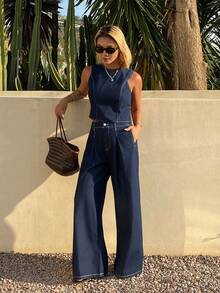 DAZY Bộ đồ thể thao mùa xuân hè, phong cách thường ngày, thắt nơ ở eo, quần jeans ống đứng cho nữ. - Màu xanh lam - Xem 1