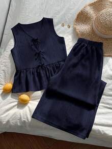 Sparklyn Conjunto de top sin mangas con volantes en el bajo y pantalones de pierna ancha de unicolor para niña preadolescente, ideal para primavera/verano, vacaciones y uso diario - Azul Marino - Ver 4