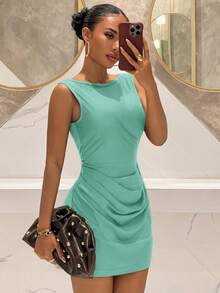 Slaydiva Women's V-Neck Sleeveless Open Back Pearl Chain Decor A-Line Mini Dress,Elastic Satin Ruched Waist Summer Seductive Party Teal Brown Wedding Dress - Mint Green - View 2