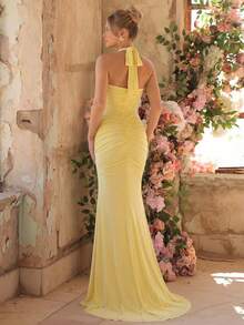 Glamrae Elegant Formal Soft Yellow Stretch Mesh Halter Neck Gown Glamorous Bodice Applique Sequins All-Over Pleats Mermaid Train Dress Wedding Guest - Mustard Yellow - View 4