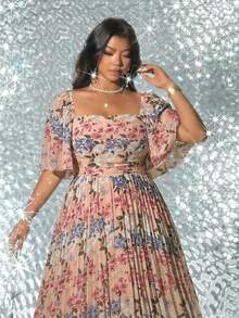 SHEIN Galaire Plus Size Women Elegant Floral Print Long Pleated Dress - Yellow - View 5