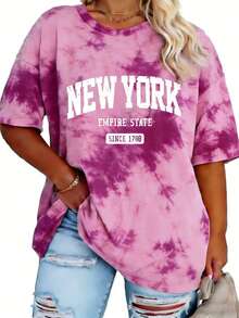 EMERY ROSE Kaos Wanita Ukuran Besar Kasual dengan Cetakan Huruf New York, Lengan Pendek Sedang Longgar, Leher Bulat - MultiWarna - View 1