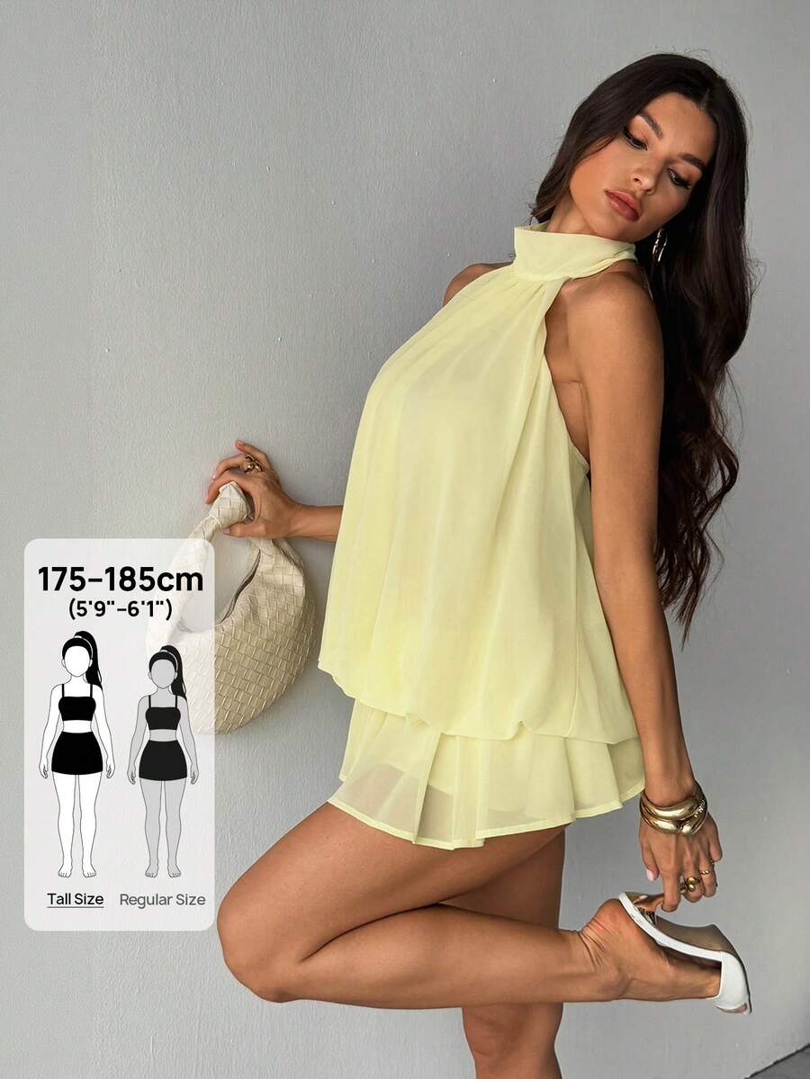 SHEIN Tall 优雅的浅黄色无袖系领迷你连衣裙，适合派对、约会、秋冬季和春夏季穿着。 - 淡黃色 - 查看 1