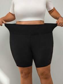 SHEIN CURVE+ Plus Size Women Elastic Waist Lace Patchwork Shorts , Fall Winter - Black - View 8
