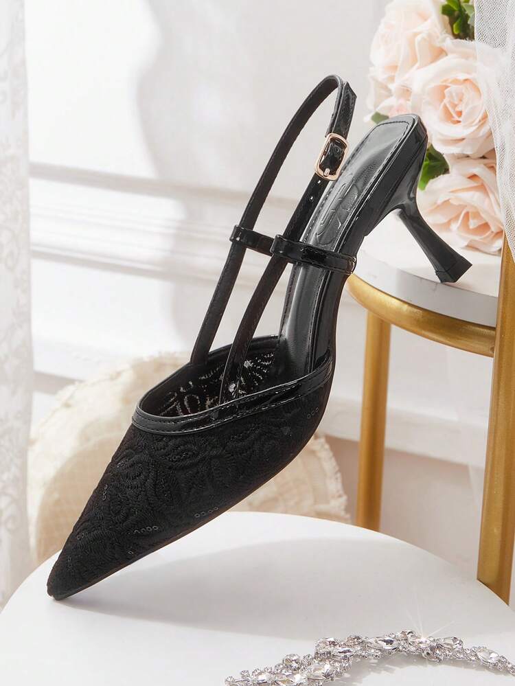 CUCCOO HITCHD Women's Shoes Pointed Mesh Black Embroidery Pattern Rhinestone Decorative Rear Strap Fashionable Wear Stiletto High Heel Sandals