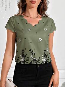 SHEIN Clasi Ruffle Collar Printed Short Sleeve Shirt,Summer Top - Green - View 6