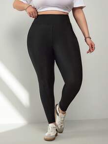 SHEIN CURVE+ 大码女式撞色休闲打底裤，黑白条纹打底裤，大码运动打底裤，大码打底裤，大码瑜伽裤，大码运动服，大码打底裤，大码女式运动套装 - 黑與白 - 查看 4