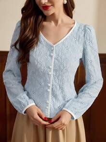 Vintamour Chemise décontractée de vacances à boutons avec empiècement texturé jacquard floral élégant vintage pour femmes. Vêtements d'automne, tenues d'automne, vêtements d'hiver, vêtements de Noël, blouses élégantes pour femmes, tenues de Noël pour femmes - Bleu ciel - Voir 2