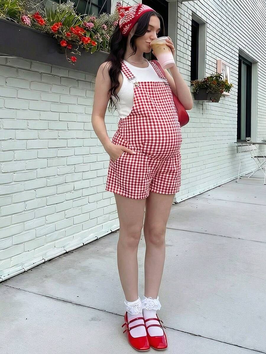 SHEIN Maternity Casual Plaid Romper For Summer Summer Outfits Overalls For Women Women Summer Outfits - Red and White - View 1