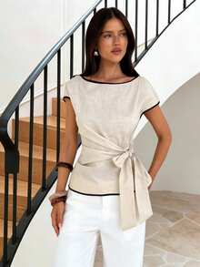 Women's Boat Neck Cap Sleeve Tie Waist Blouse Women Casual Outfits Women's Tops And Blouses Women's Summer Outfits Women's Tops For Summer Women's Cotton Tops,Summer Top Boat Neck Top Women Blouse For Women Casual Modern Elegant Top For Woman Business Casual Women Tops - Apricot - View 4