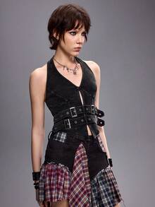 ROMWE Grunge Punk Top de cuello halter con hebilla de metal lavado vintage para festival de música - Negro - Ver 6